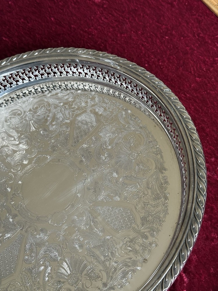 VTG Silver-plate 13” Tray Oneida USA with Scroll Etching Raised Rim Pierced.
