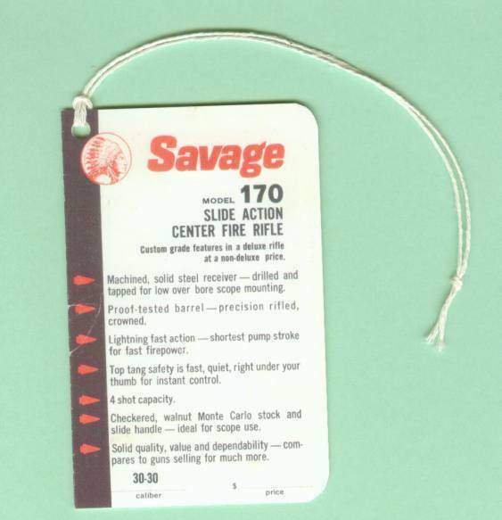 Savage Arms Model 170 Factory Owners Instruction Hang Tag Reproduction
