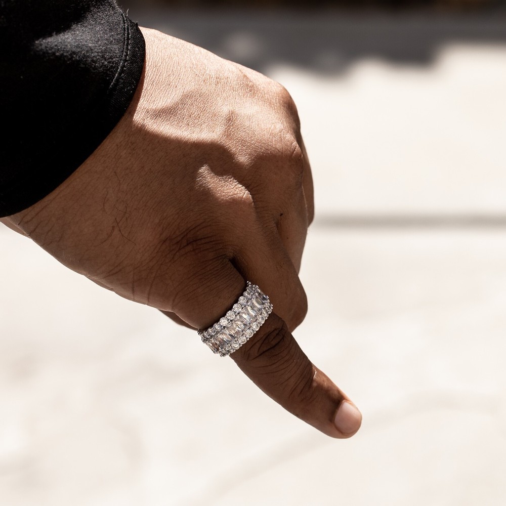 Iced Pointer Men's White Gold Plated Layered Emerald Cut Statement Eternity Ring