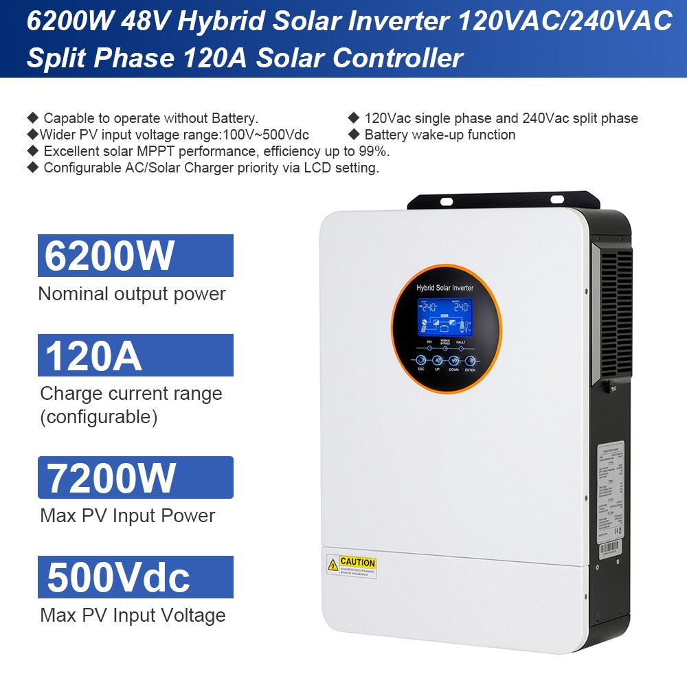 6200W Solar Hybrid Inverter 48V DC-110V/220V AC Split Phase Off-Grid Controller