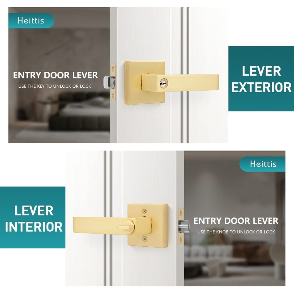 3 Pack Square Gold Door Handle with Key Heavy Door Knobs Interior(Keyed Alike...