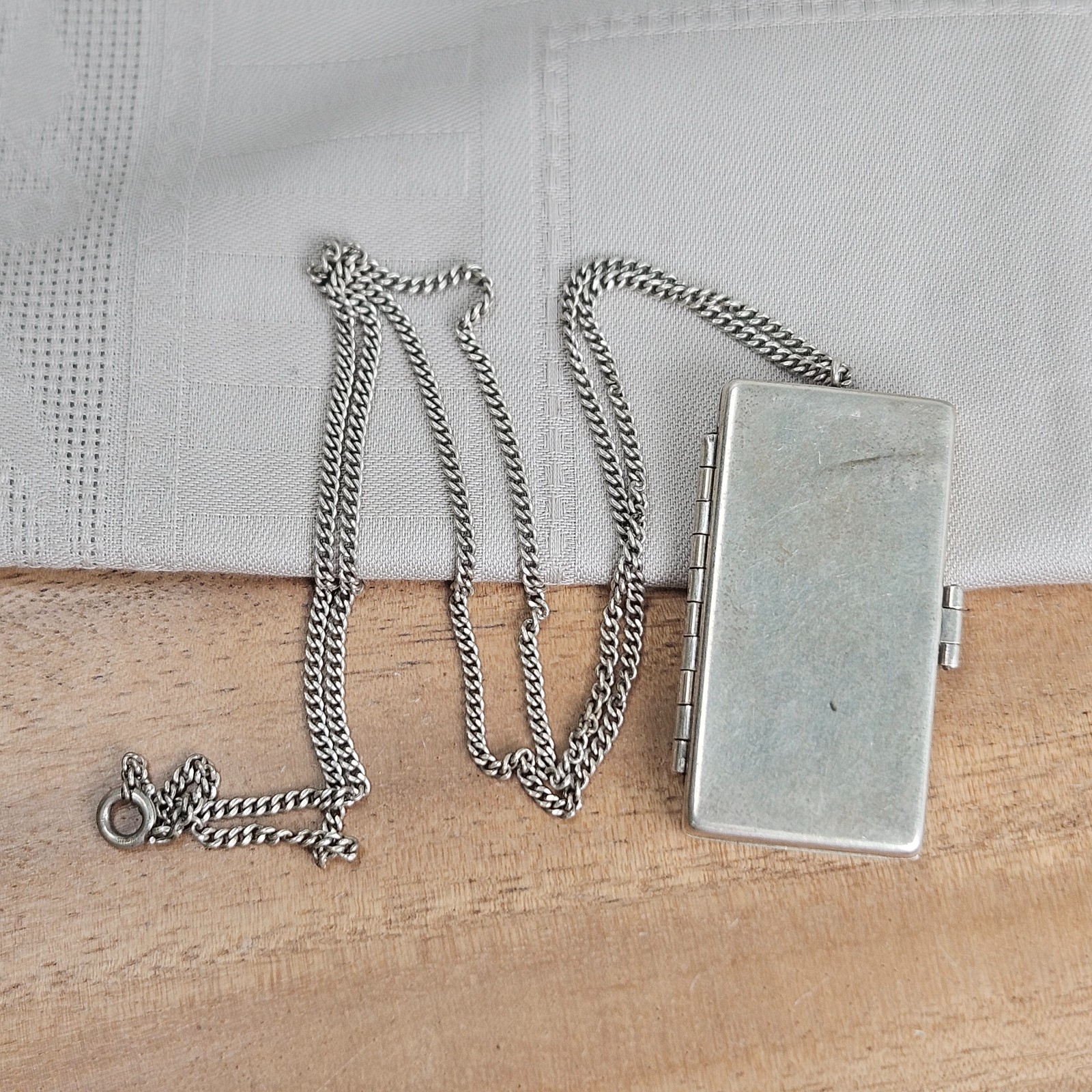 Vintage Sterling Silver Hinged Square Locket/Compact Pendant 26" Chain Necklace
