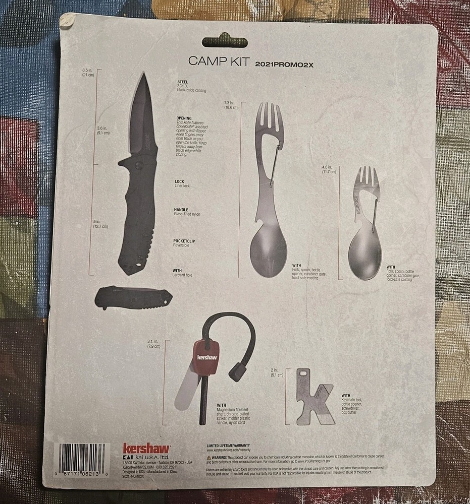 Kershaw Camp Kit - Survival Tool Kit Knife Firestarter & more