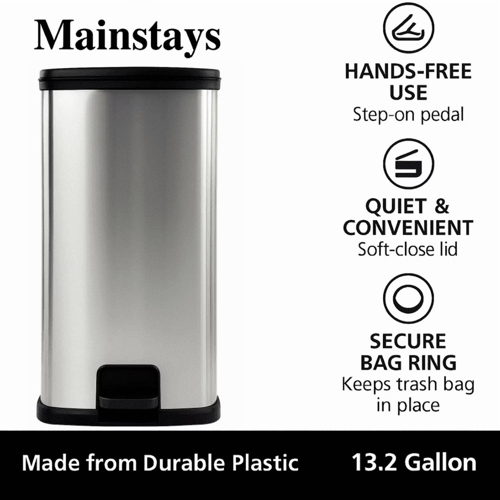Mainstays Kitchen Trash Can, 13.2Gallon, Plastic Step-on Rectangular Garbage Bin
