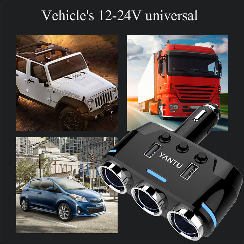 12V 3-Way Power Adapter Cigarette Lighter Socket Splitter Dual USB Car Charger e