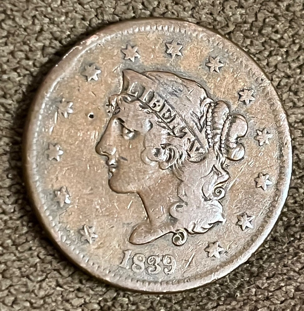 1839 Booby head large cent , Fine, Scarce !