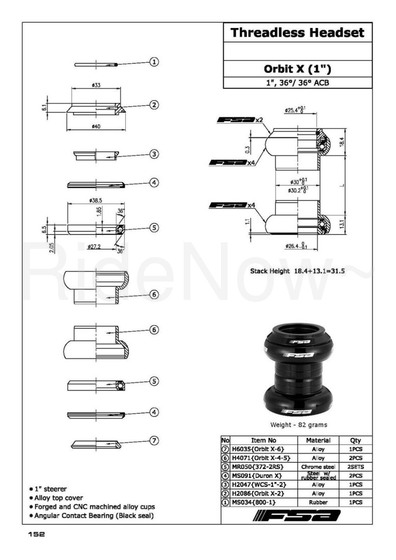 FSA Orbit X 1" Threadless Bike Headset Sealed-Bearing 1 inch - W/Top Cap
