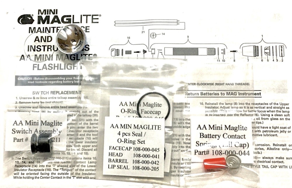 AA  Mini Maglite 8 Piece Refresher Kit without Installation Tool