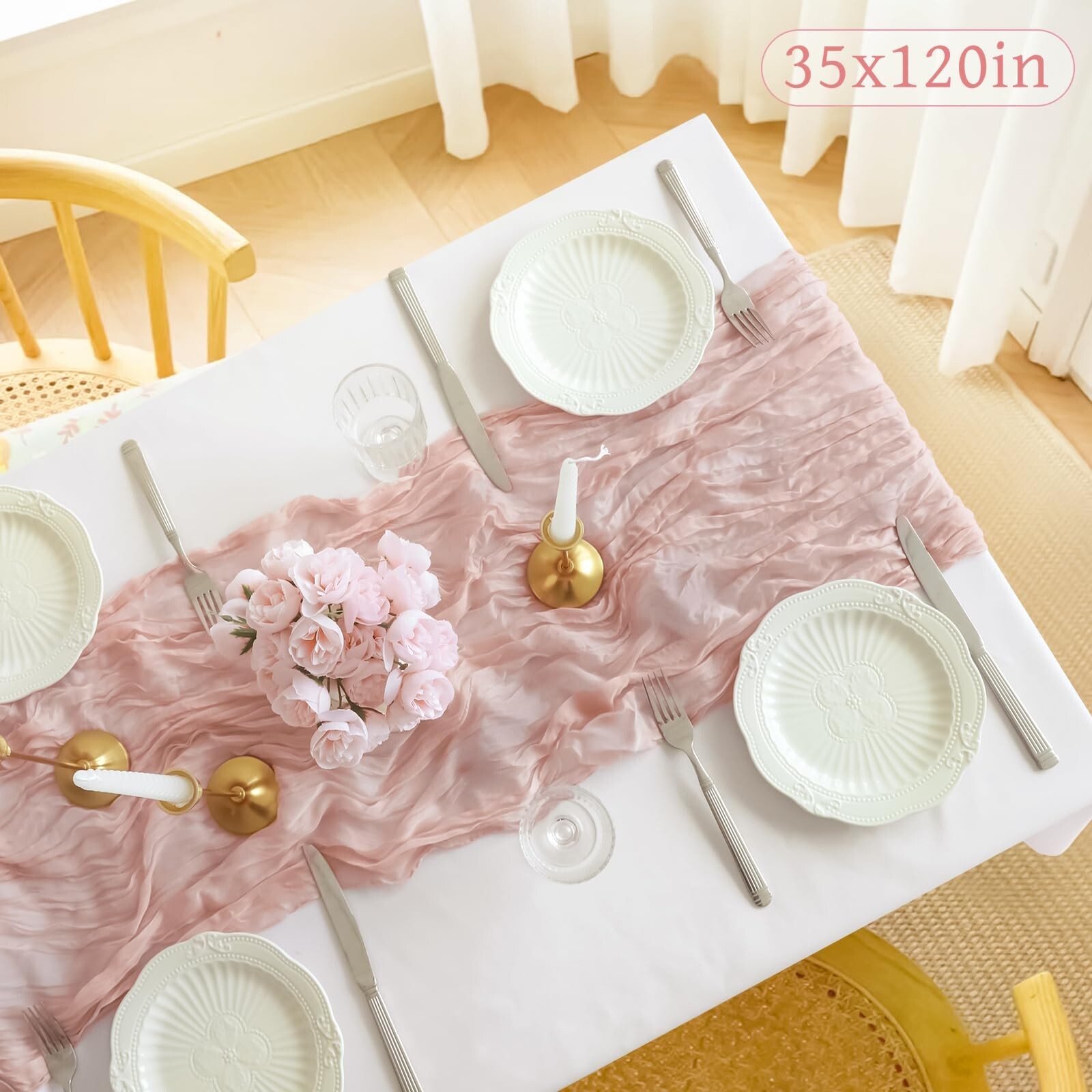 Pink Cheesecloth Table Runner, 10FT Dusty Pink Summer Boho Gauze Table Runner...