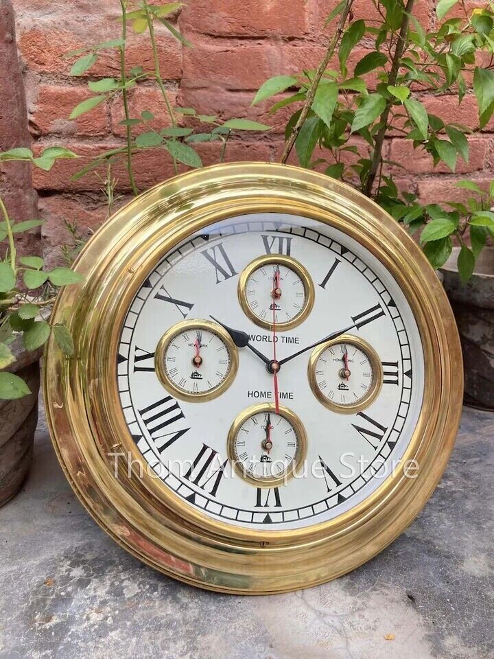 Nautical Solid Brass World Time 17" Nautical Ship's Wall Clock / Home Decor