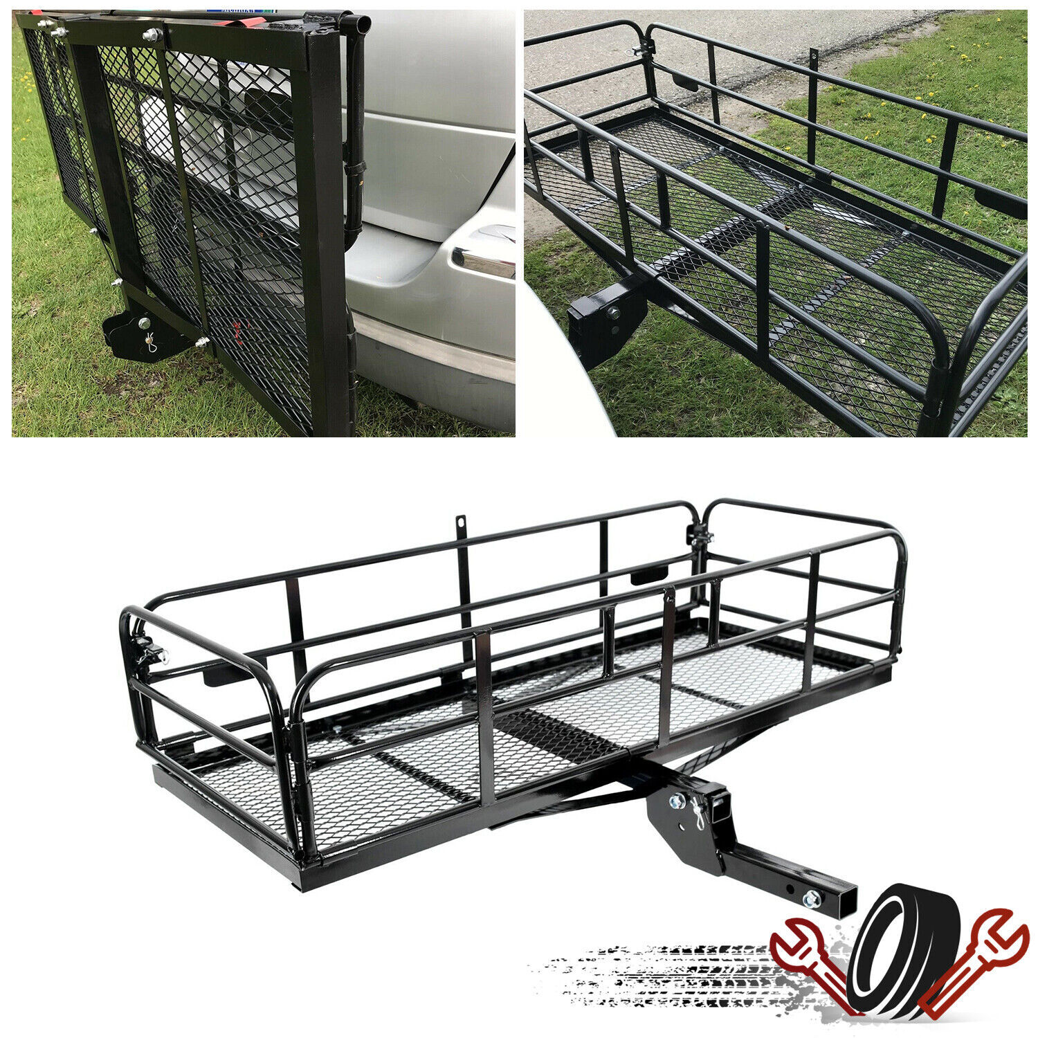 500LBS Folding Trailer Hitch Mount Cargo Basket Luggage Rack Carrier For SUV Car