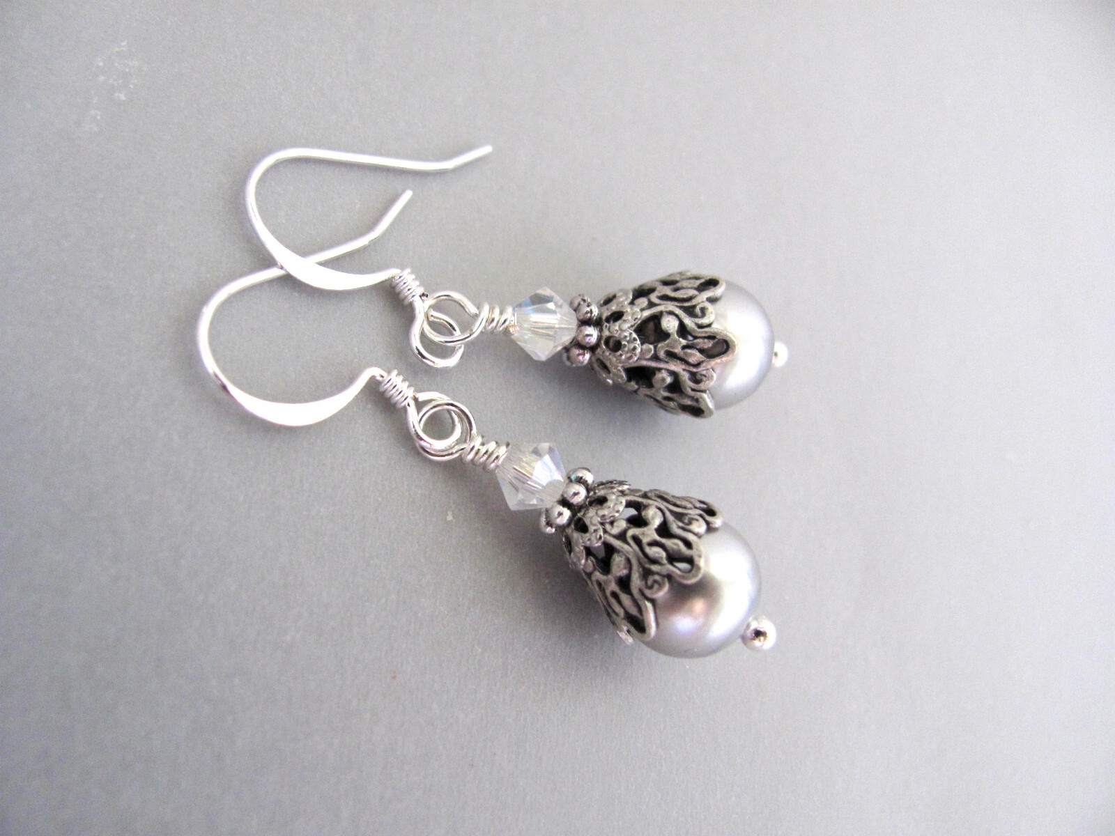 Silver Gray Crystal Pearl Earrings Birthday Wedding Gift Birthday Holiday Party