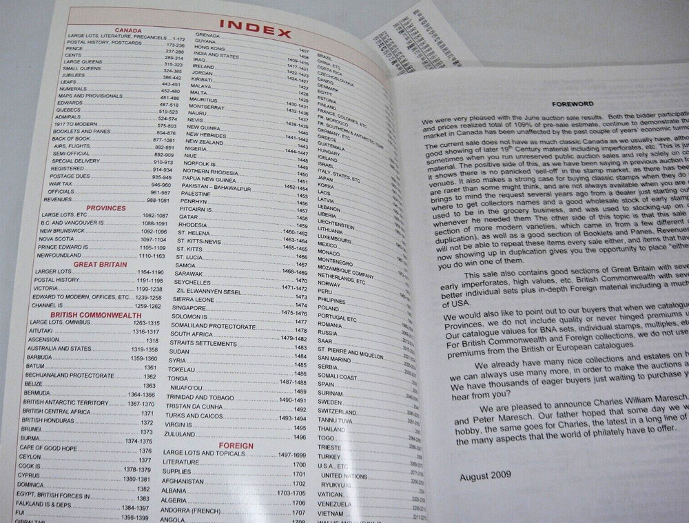 Maresch 2009 Stamp Auction Catalog w Prices Realized Canada Provinces US Foreign