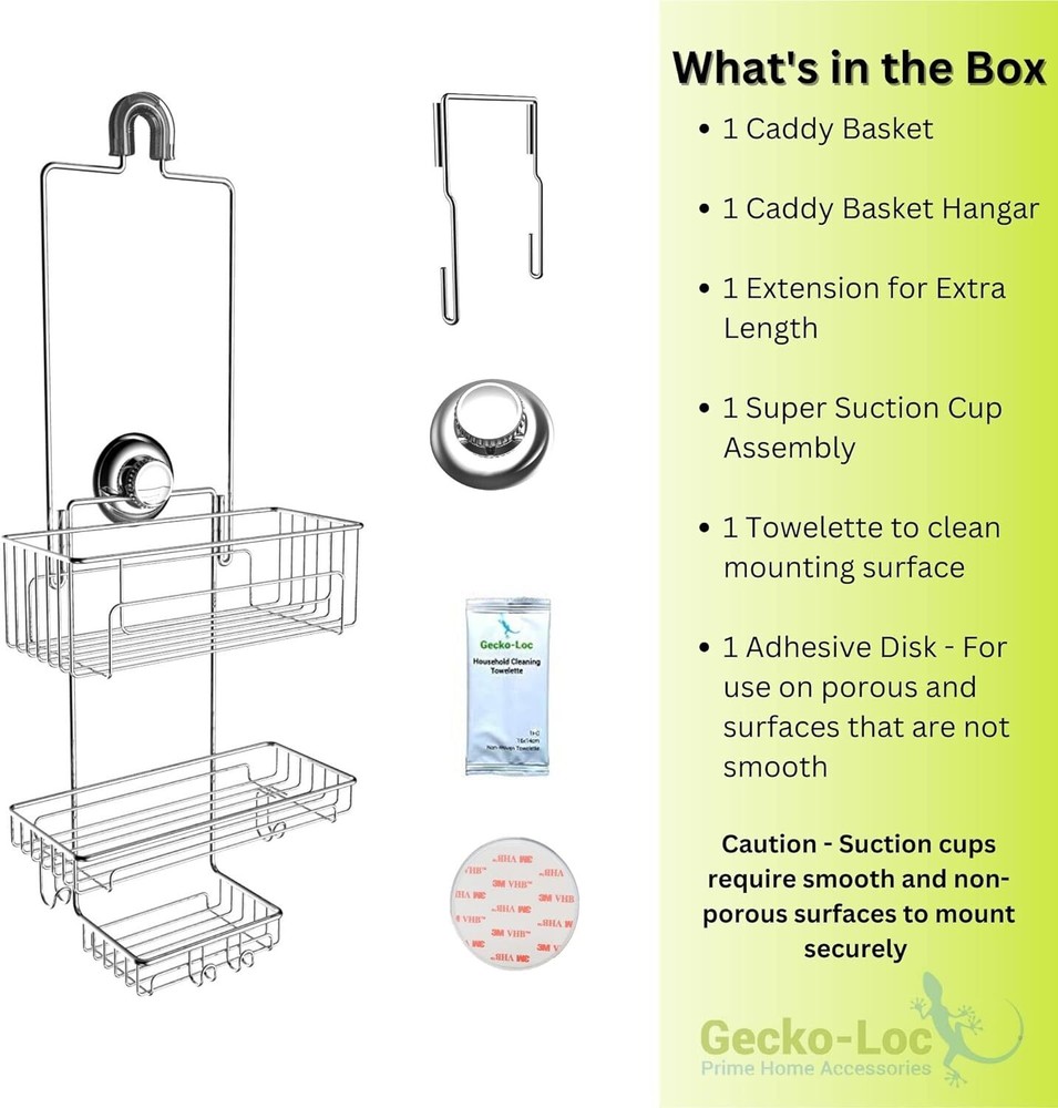 Gecko-Loc Extra Long Adjustable Length Deep shelf over the showerhead Silver