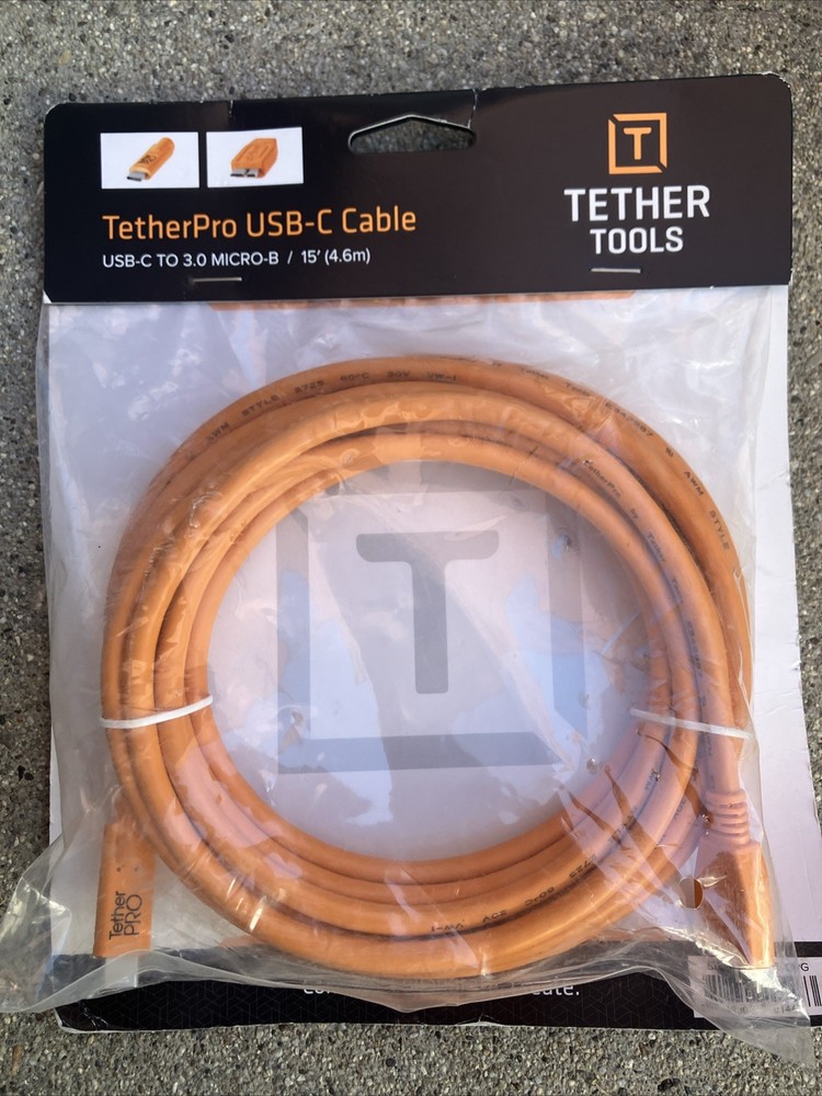 Used Tether Tools TetherPro USB-C to 3.0 Micro-B  Cable, 15', Orange