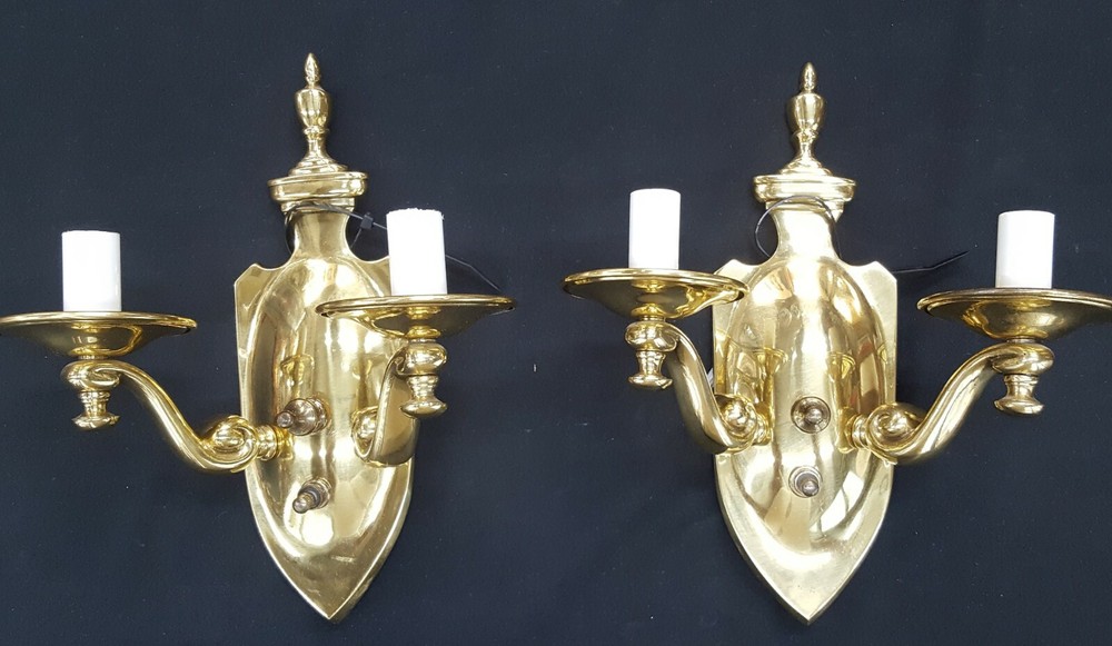 Pair of Two Light Solid Brass Wall Sconces