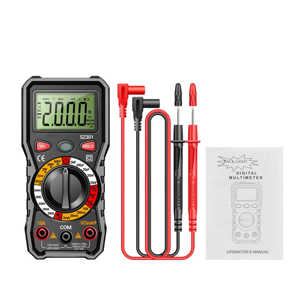 Digital Multimeter Auto-Ranging 600V 10A Measures AC DC Volt Amp Ohm Temp Diode