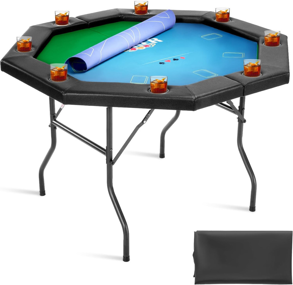 Foldable 8-Player Poker Table with Cup Holders & Padded Rails, 48 in Octagonal