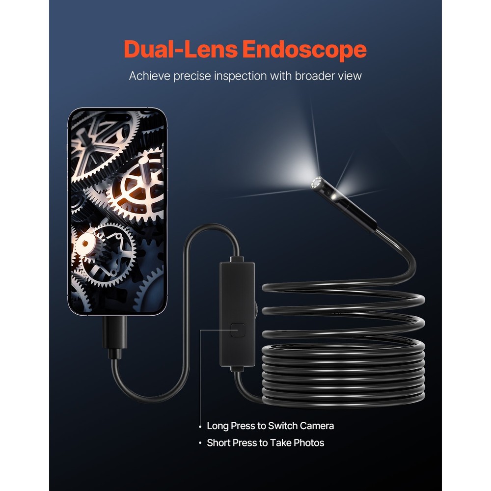 Dual Lens Borescope Endoscope Camera for Android IOS & 16.4FT Snake Cable