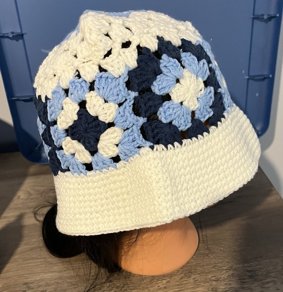 Handmade Crochet spring or summer Bucket Hat Blue White Unique Pattern Design