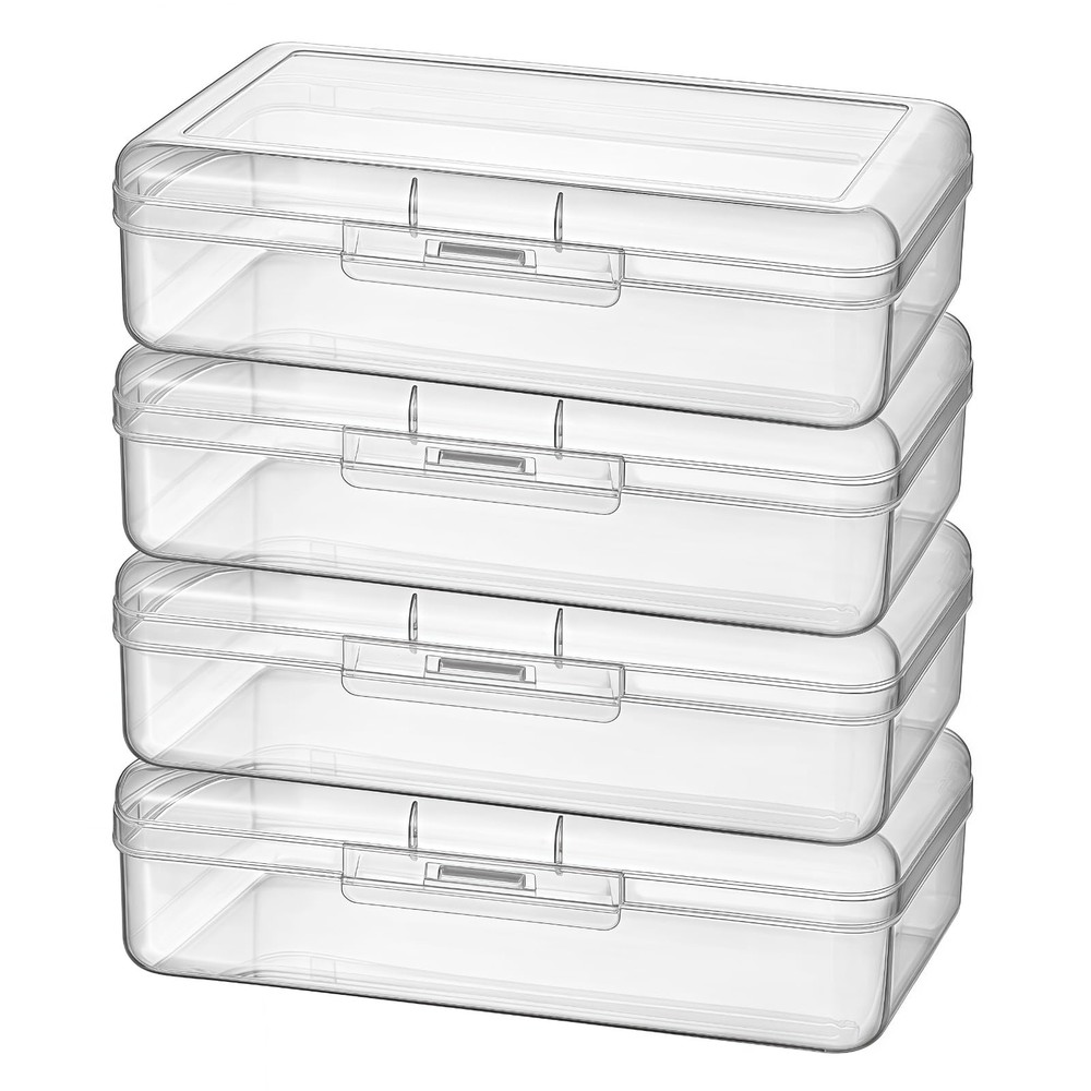 4 Pack Rectangular Clear Plastic Storage Containers Box with Hinged Lid for B...
