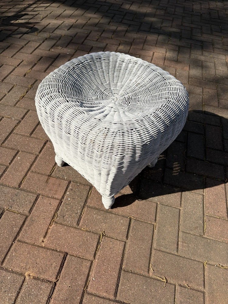 Vintage Victorian Boho White Wicker Ottoman Stool