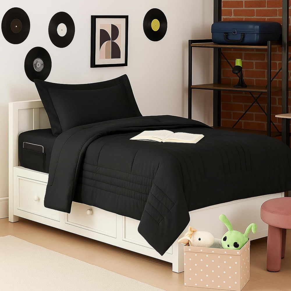 Twin Size Comforter Set Quilted Stripe Bedding Bundle – Comforter, Mattress Prot