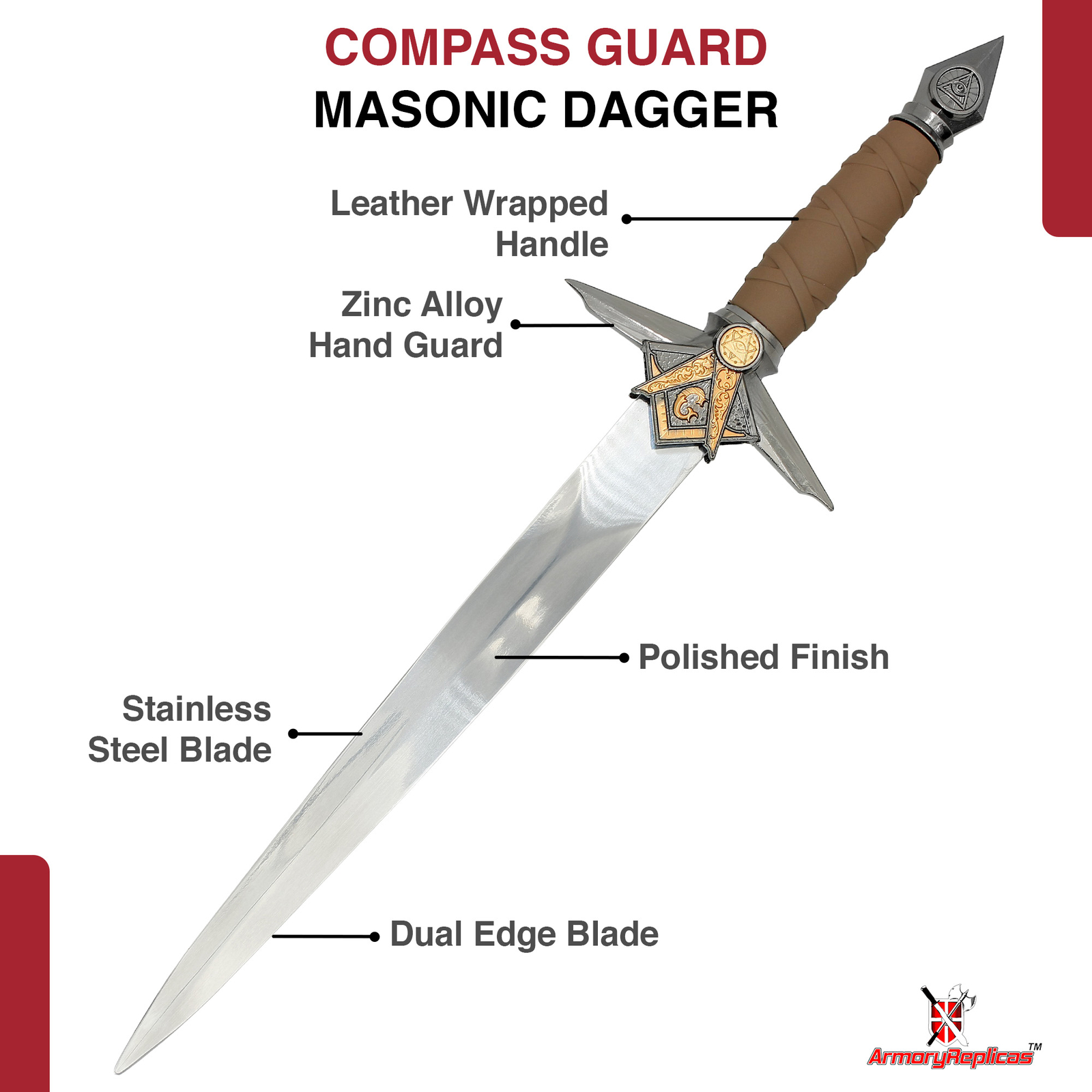 New Stainless Steel Masonic Mason knights Dagger Collection With Sheath
