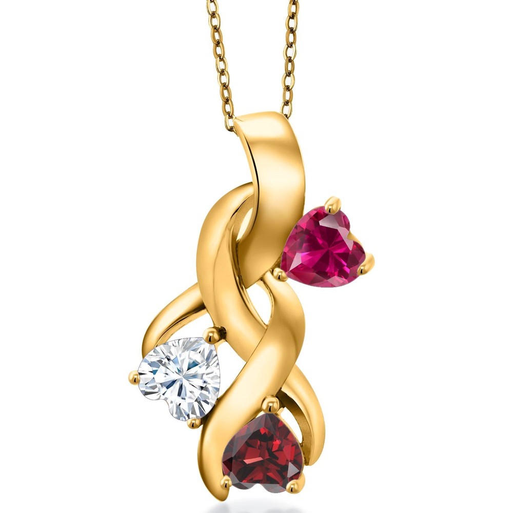 18K Yellow Gold Plated Silver Created Ruby and White Moissanite and Garnet