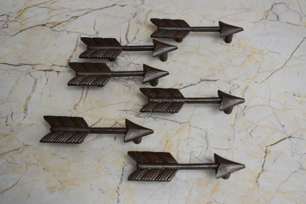 Vintage cast iron Arrow cabinet drawer door knobs handles pull rustic 6 pcs