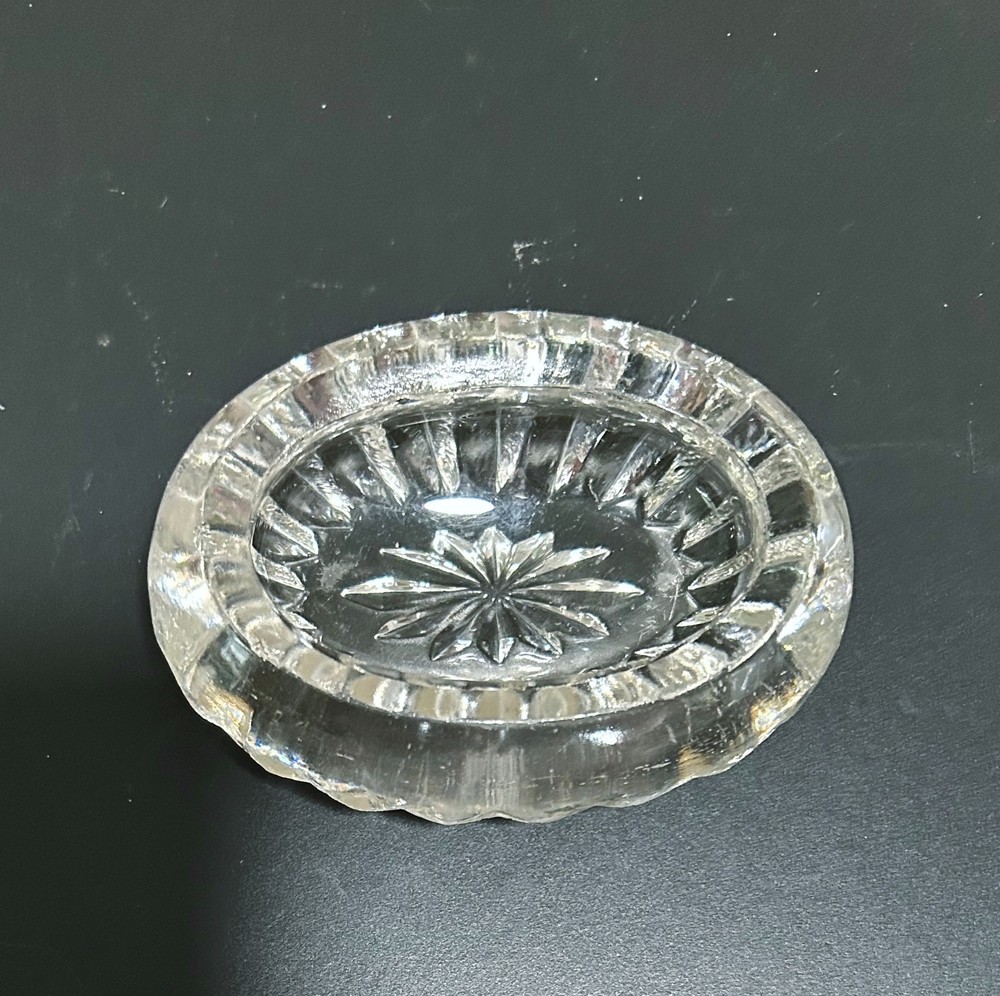 Vintage Cut Clear Crystal Salt Cellar Star Shaped Pattern Cut Into Bottom