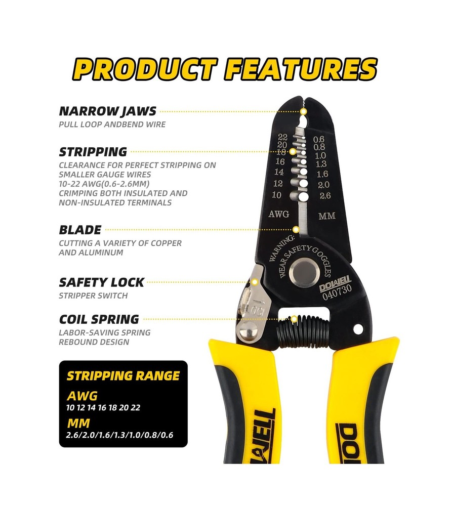 DOWELL 10-22 AWG Wire Stripper Cutter Wire Stripping Tool And Multi-Function ...