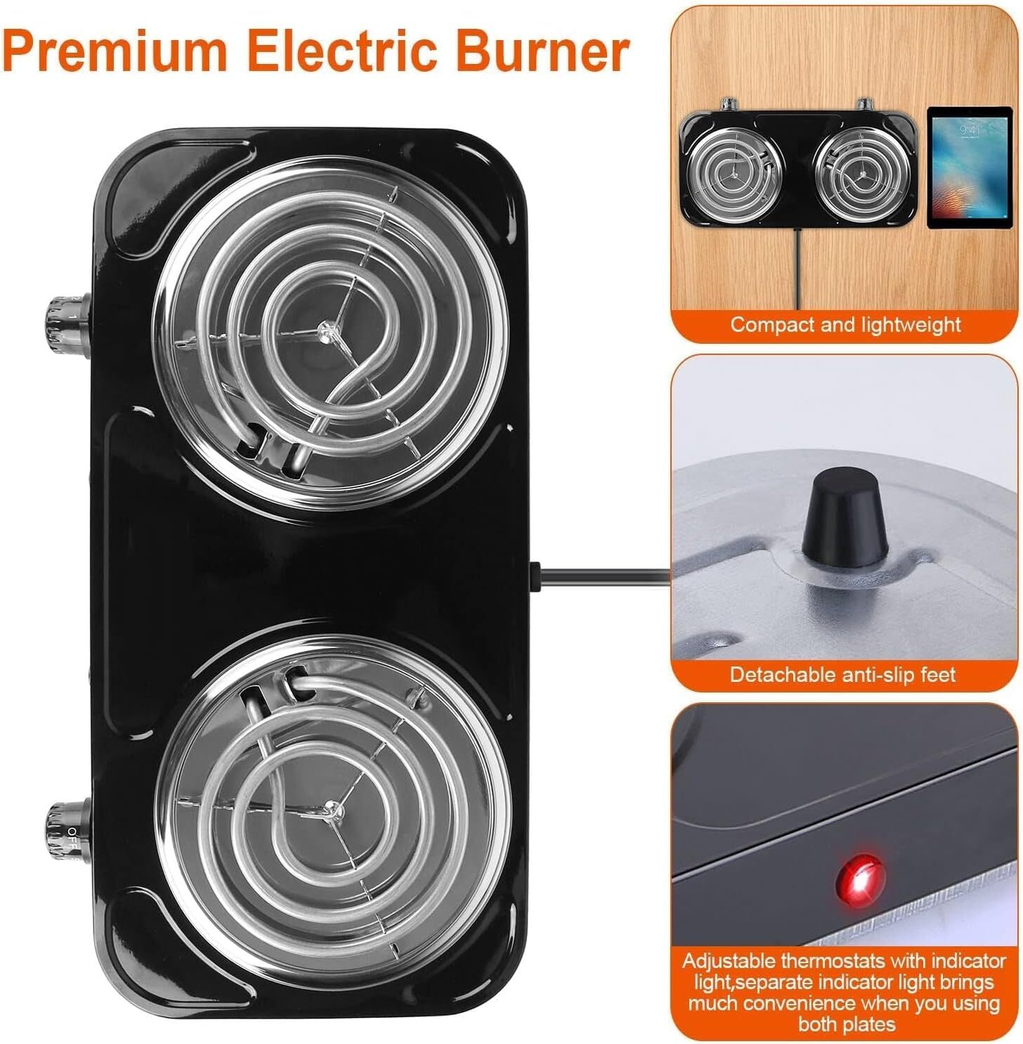 2000W Portable Kitchen Electric Double Burner Hot Plate Cooktop Cooking Stove