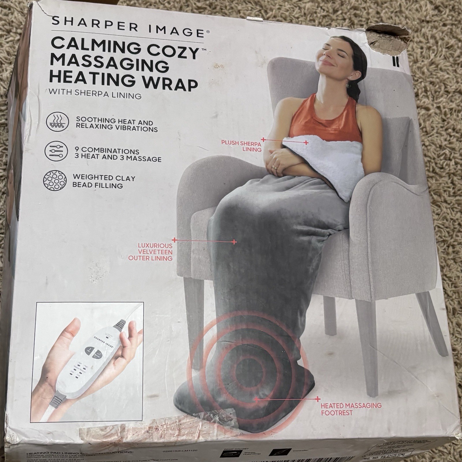 Sharper Image Calming Cozy Massaging Heating Wrap Grey with Sherpa Lining