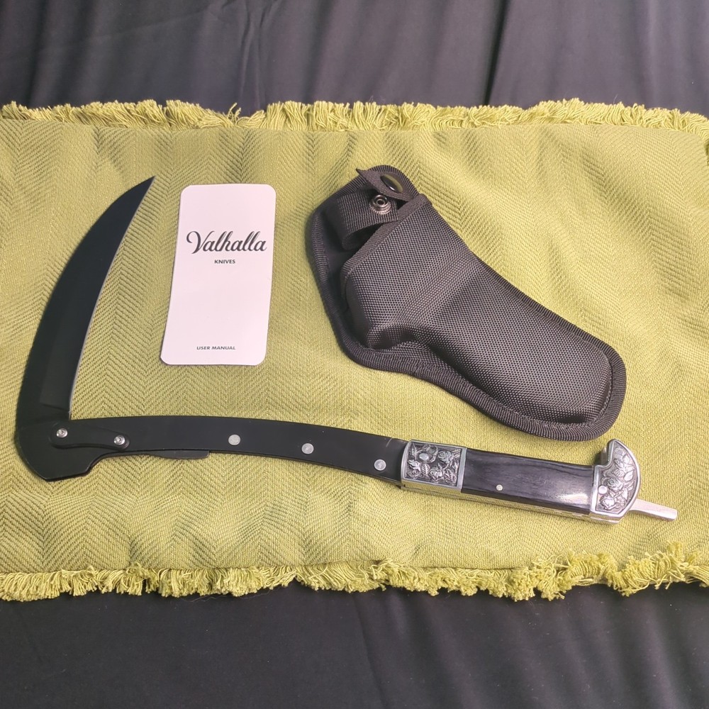 Valhalla Black Folding Sickle.  Wooden Handle.  Nylon case.
