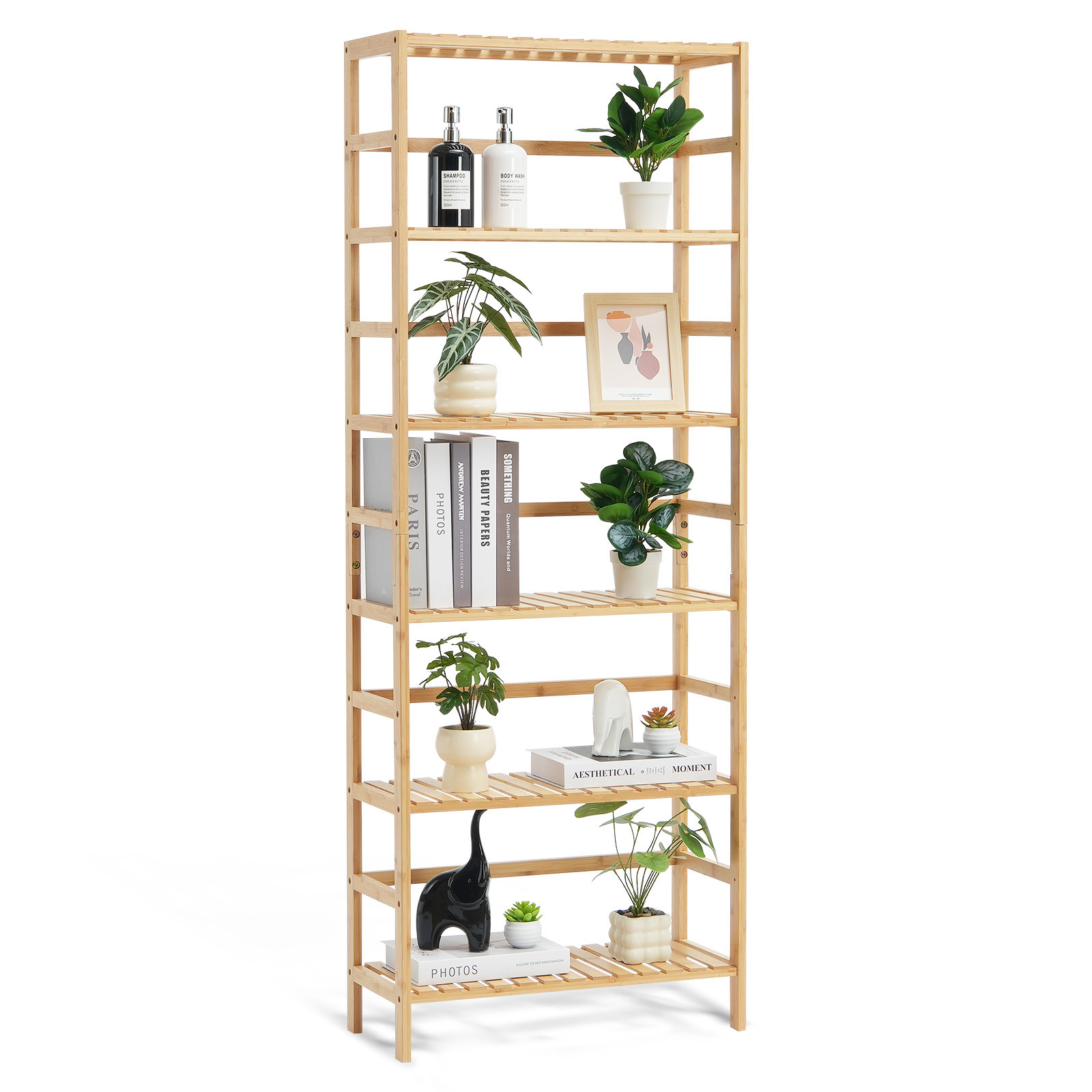 Uimoso 6-Tier Bamboo Bookshelf Ladder Bookcase Storage Plant Plant Display Rack