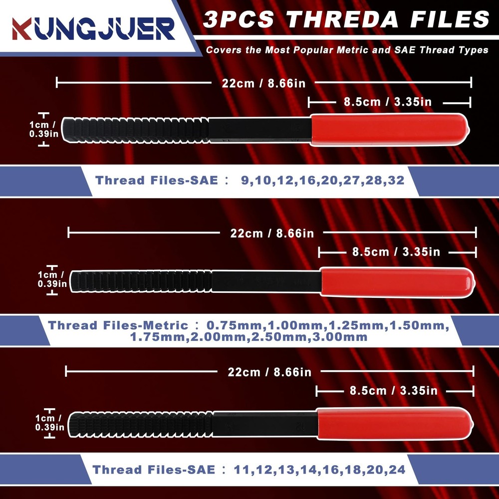 KUNGJUER 3Pcs Thread File Set, 3pcs File, red and black