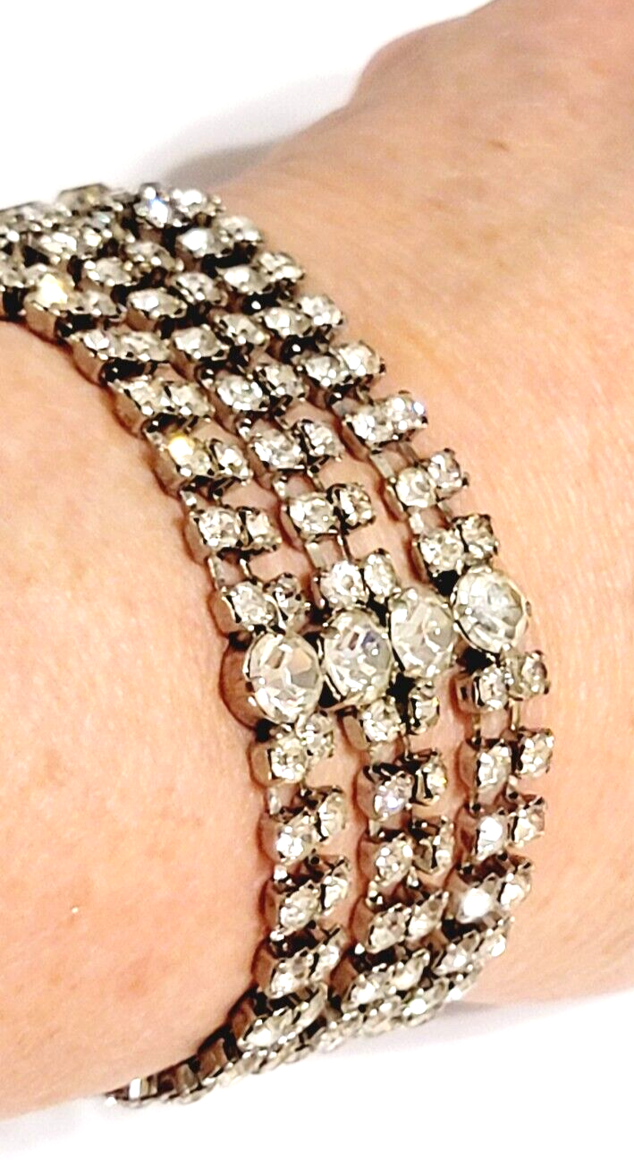 Mid-century Wide Rhinestone Bracelet, Sparkly Glass Vintage Statement Bracelet