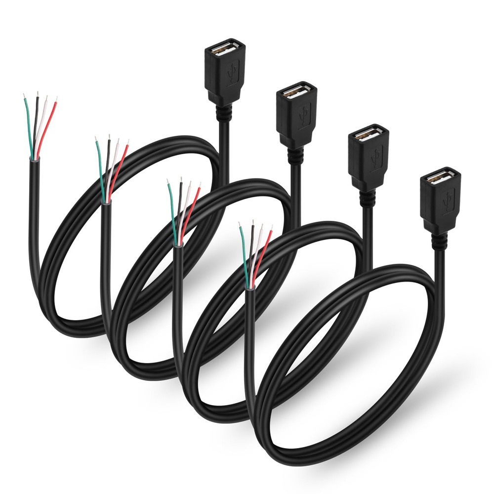 HATMINI 4Pcs USB 2.0 Female Plug 4pin Bare Wire Power Data Cable Black