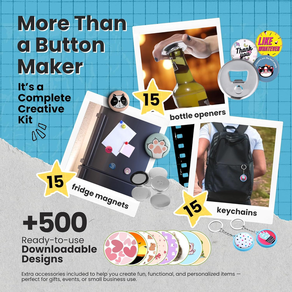 Button Maker Machine – Multiple Size Molds– Pin Maker Machine Kit W/ 500 Buttons