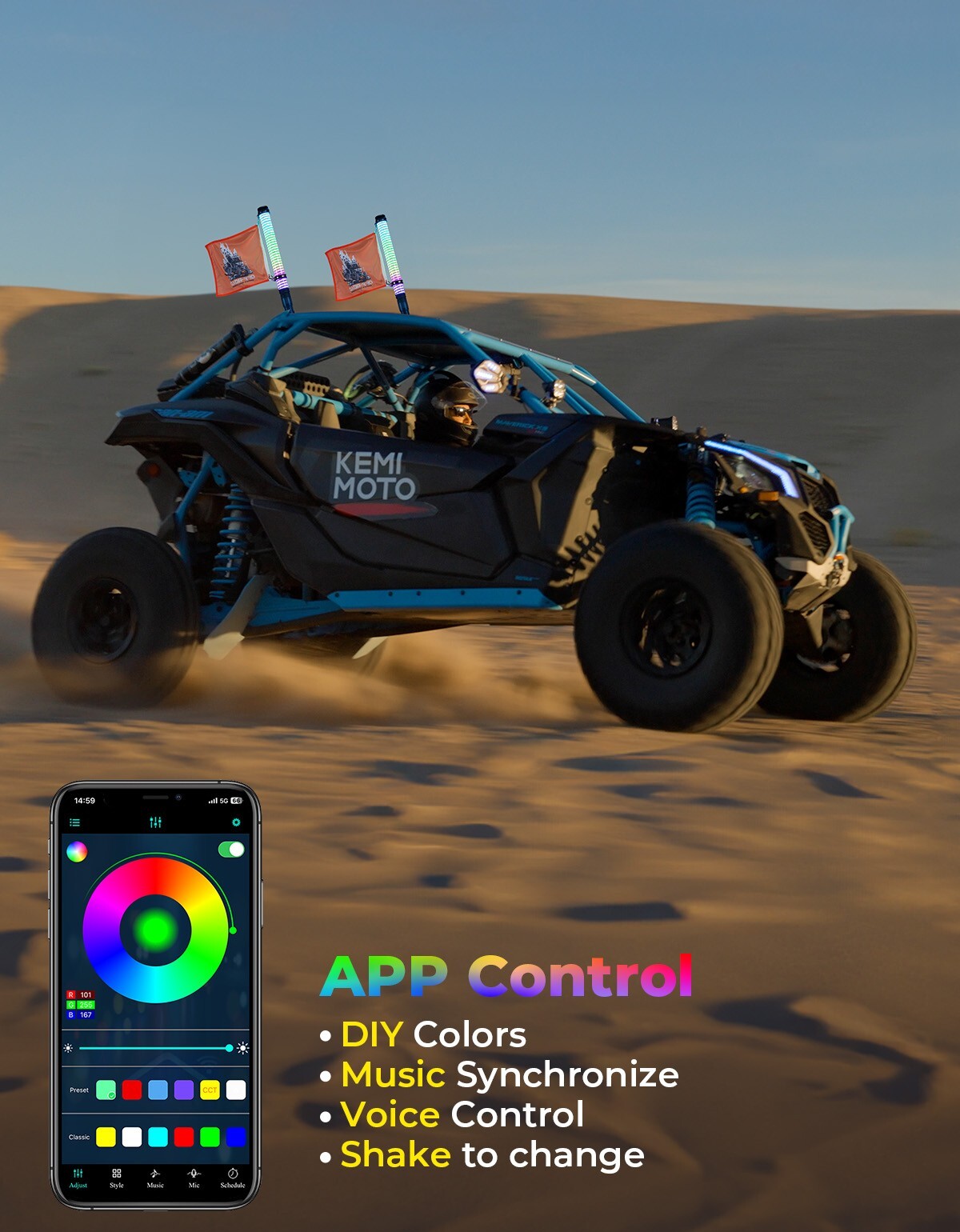 2PCS COB 2FT Fat Whip Lights Spiral Chasing Lighted for Can-Am Polaris UTV ATV