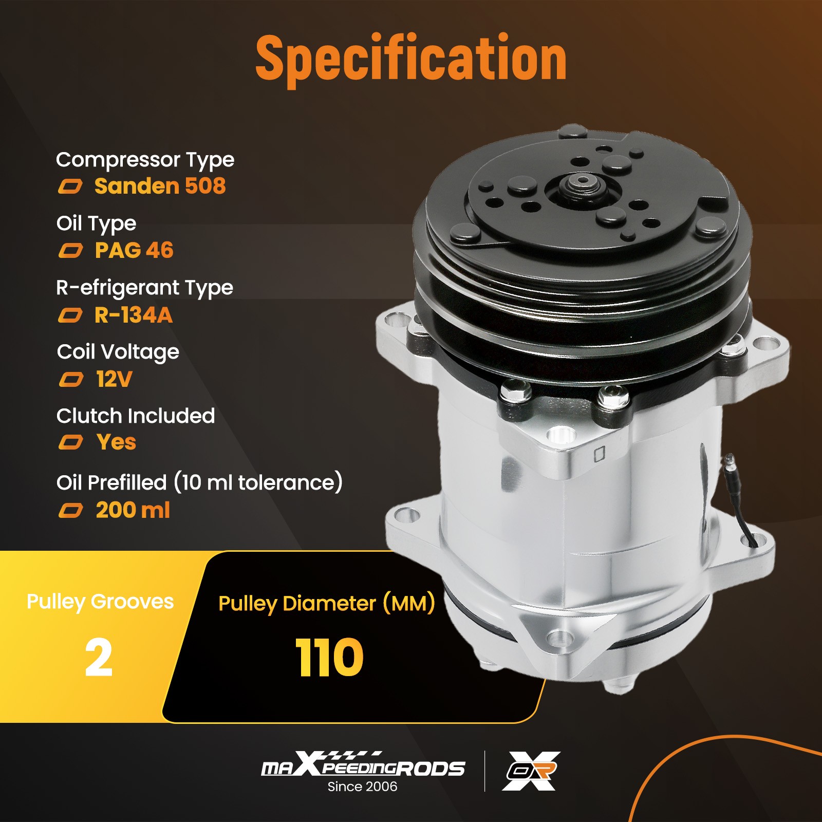 A/C Compressor w/ 2-Groove Pulley For Sanden 508 Style V-Belt 12V Chrome Black