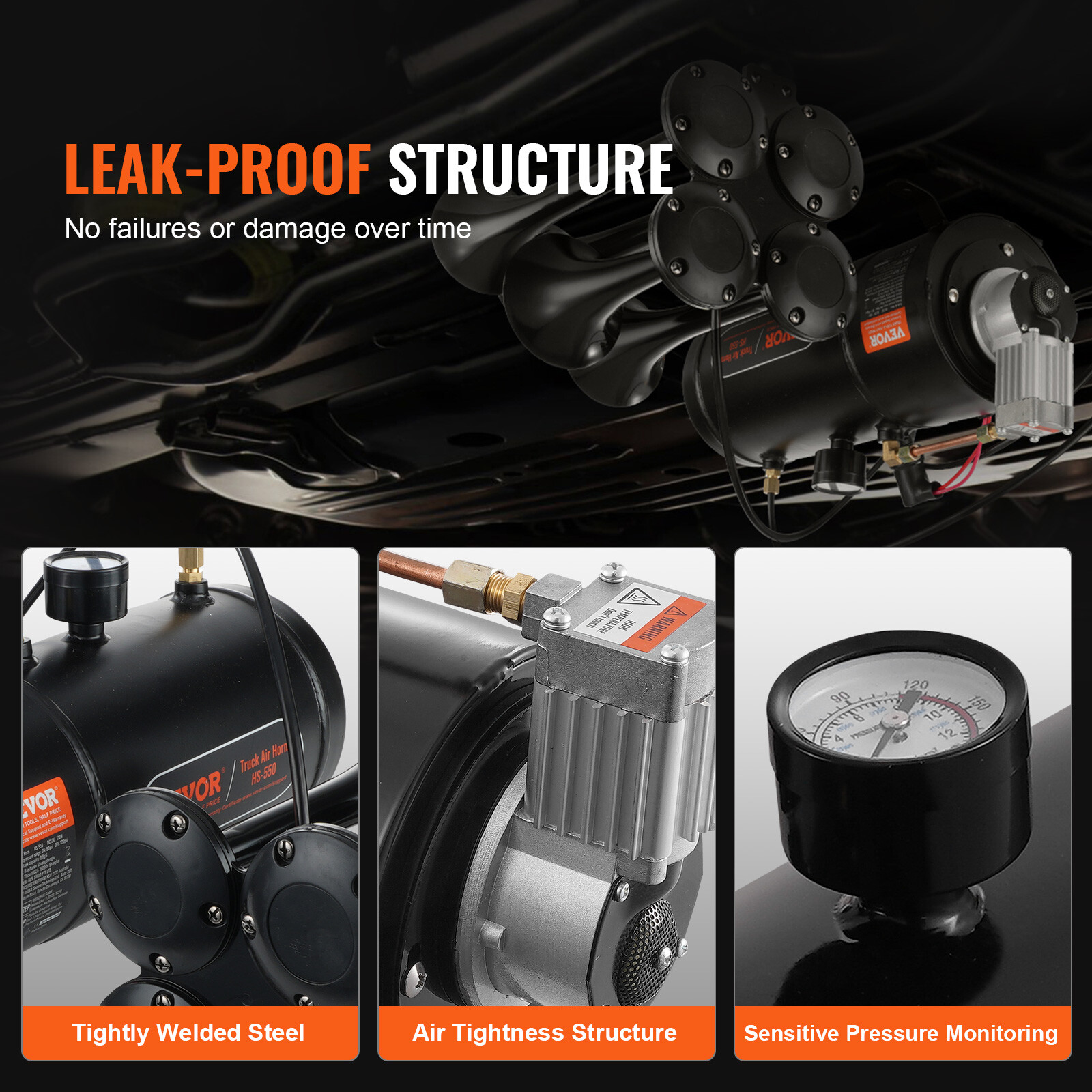 VEVOR Train Horns Kit 4 Trumpet Air Horn Kit 120 psi Air Compressor 0.8 Gal Tank