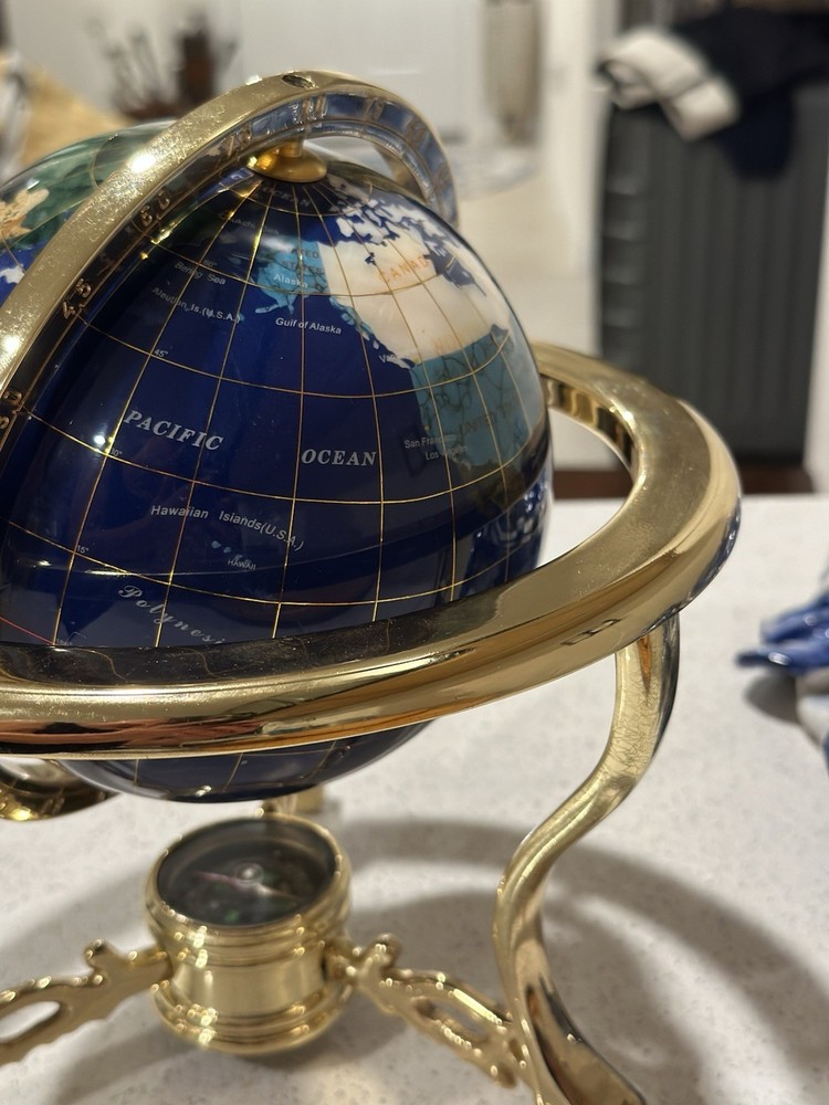 Blue Lapis Rotating Globe Precious Inlaid Stone Solid Brass w/ Compass
