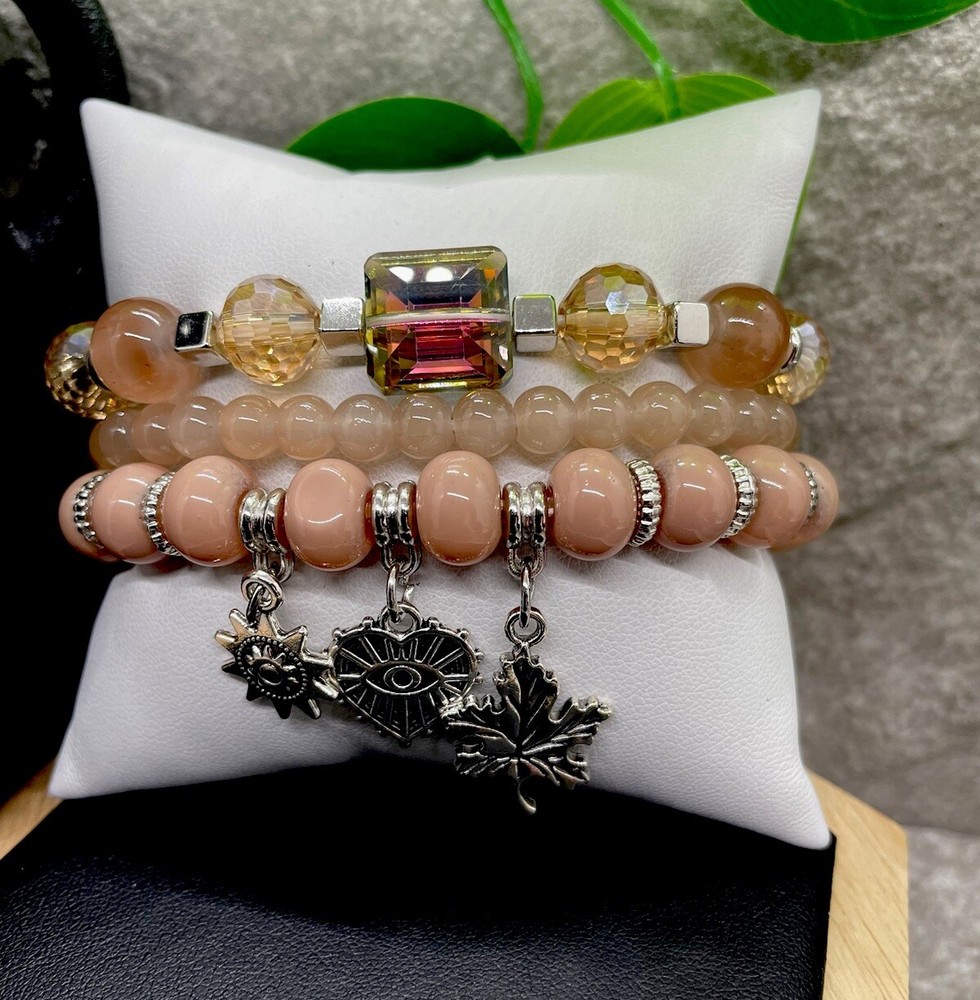 3 PC Handmade Boho Beaded Stackable 6.5” Plus Stretch Bracelet Set New B1328