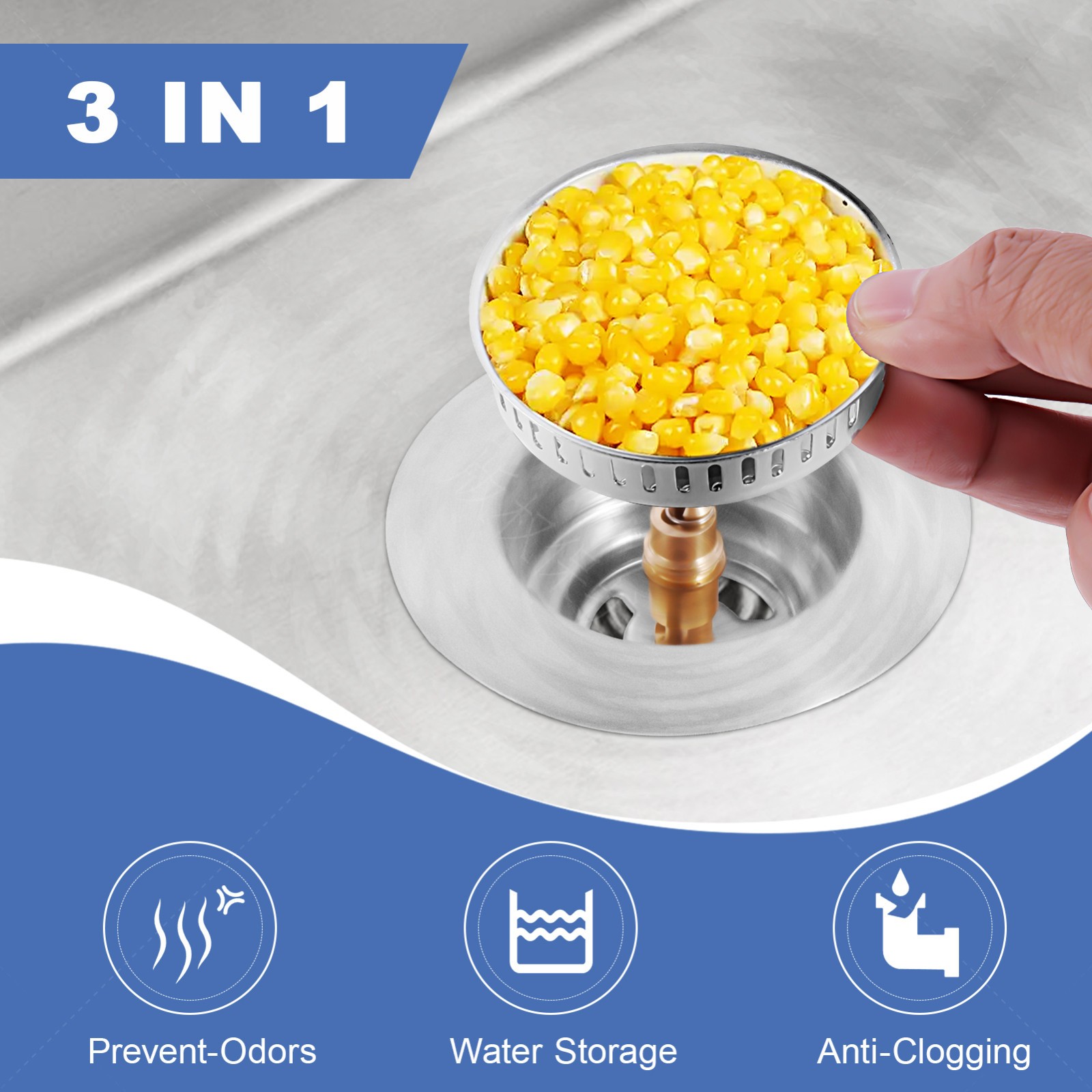 3 in 1 Kitchen Sink Drain Strainer Stopper Combo Pop Up Basket Stainless Steel