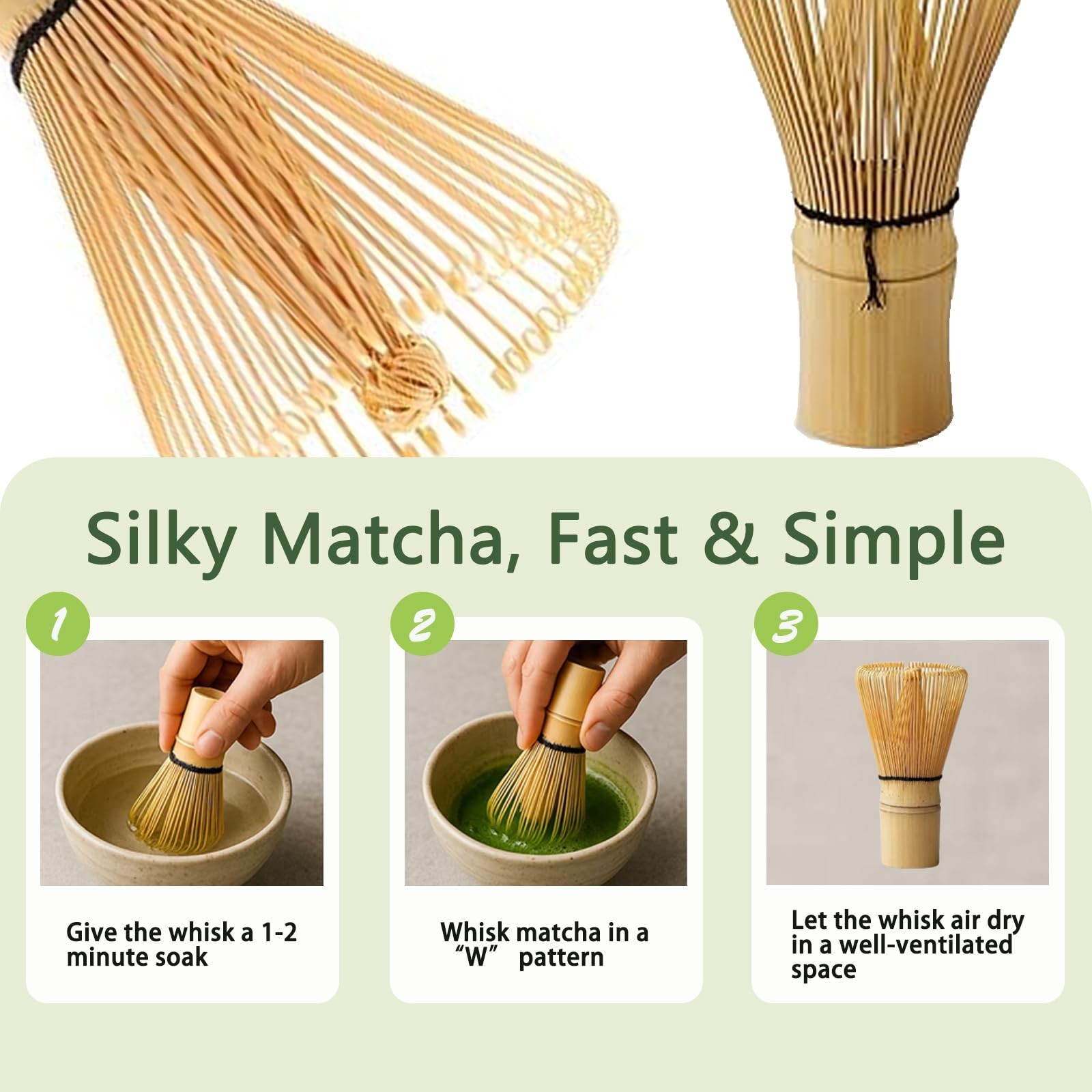 Delicate Matcha Whisk 120-Prong Handcrafted Bamboo Chasen, Natural
