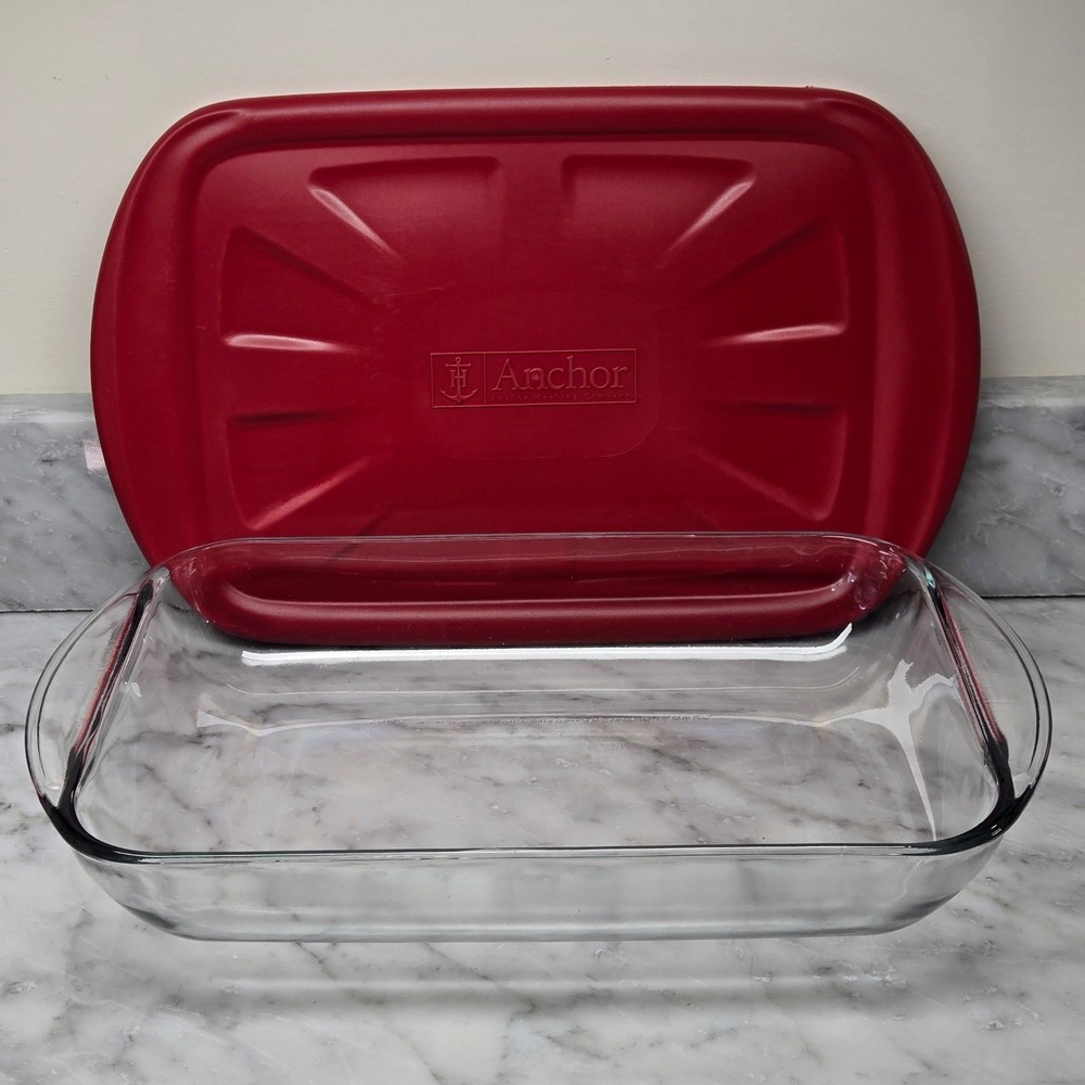 Anchor Hocking Glass Bakeware Set 2 Piece Rectangular Baking Dishes w/ Red Lids