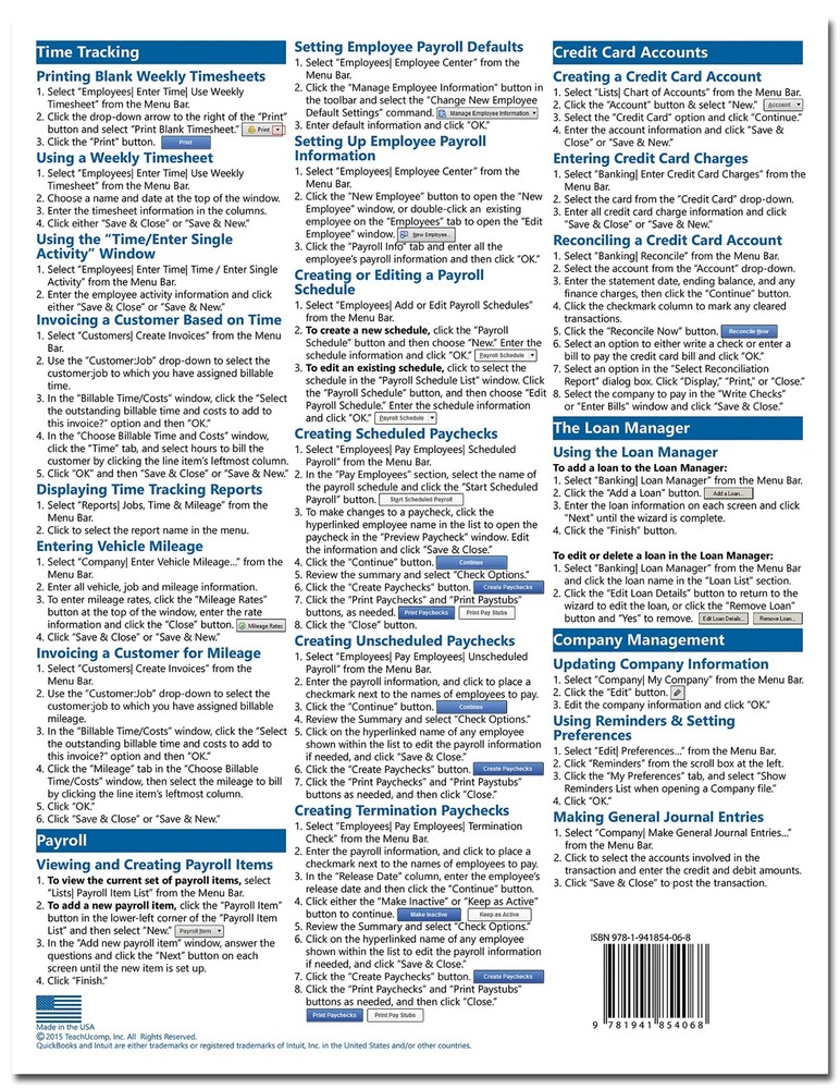 QuickBooks Pro 2016 Training Guide Quick Reference Card 4 Page Cheat Sheet