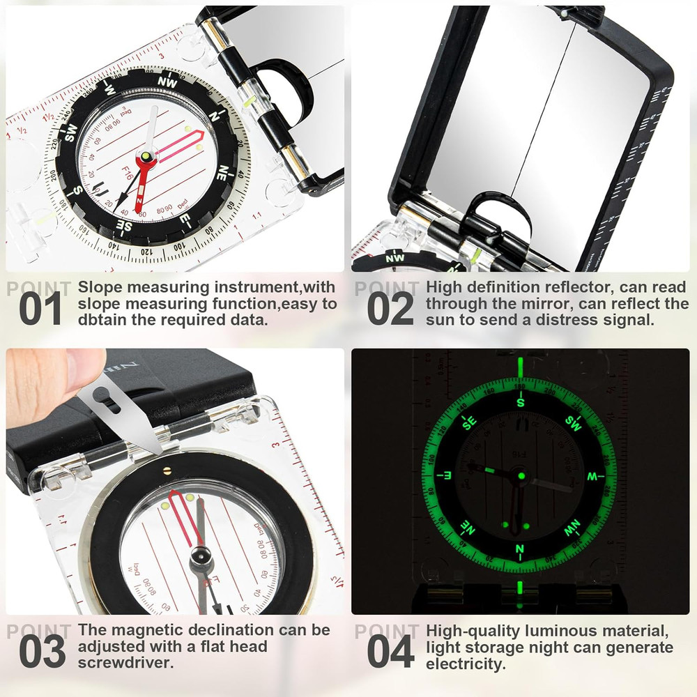 Orienteering Compass with Sighting Mirror - Adjustable Declination for Hiking &